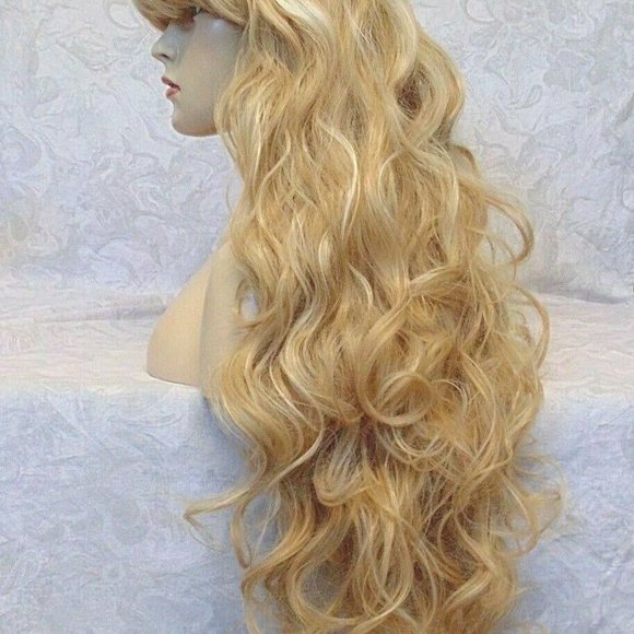 LONG Blonde Highlighted Curly Wig With Bangs main image 10